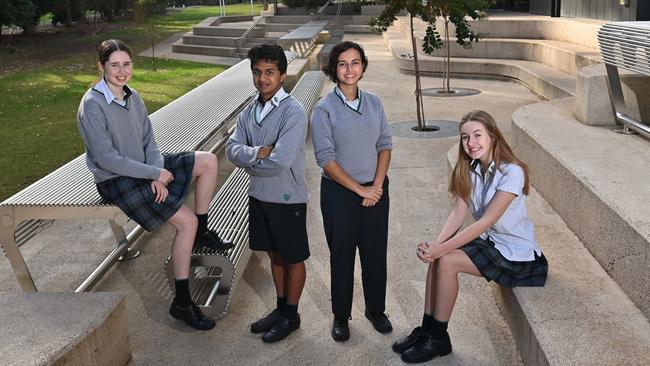 Adelaide Botanic High School students explore their views about the bid for a National Park City that will be cooler, greener and wilder: Sasha Saulwick, Mihir Ramji, Felicity Birse and Kasia Coultas. Picture: Keryn Stevens