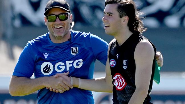 Draftee Josh Sinn was straight into the action as Port Adelaide kicked off their pre-season. Picture: Naomi Jellicoe