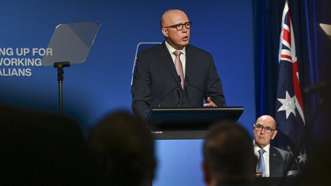 Peter Dutton addresses the Liberal Party Federal Council in Canberra. Picture: NCA NewsWire / Martin Ollman