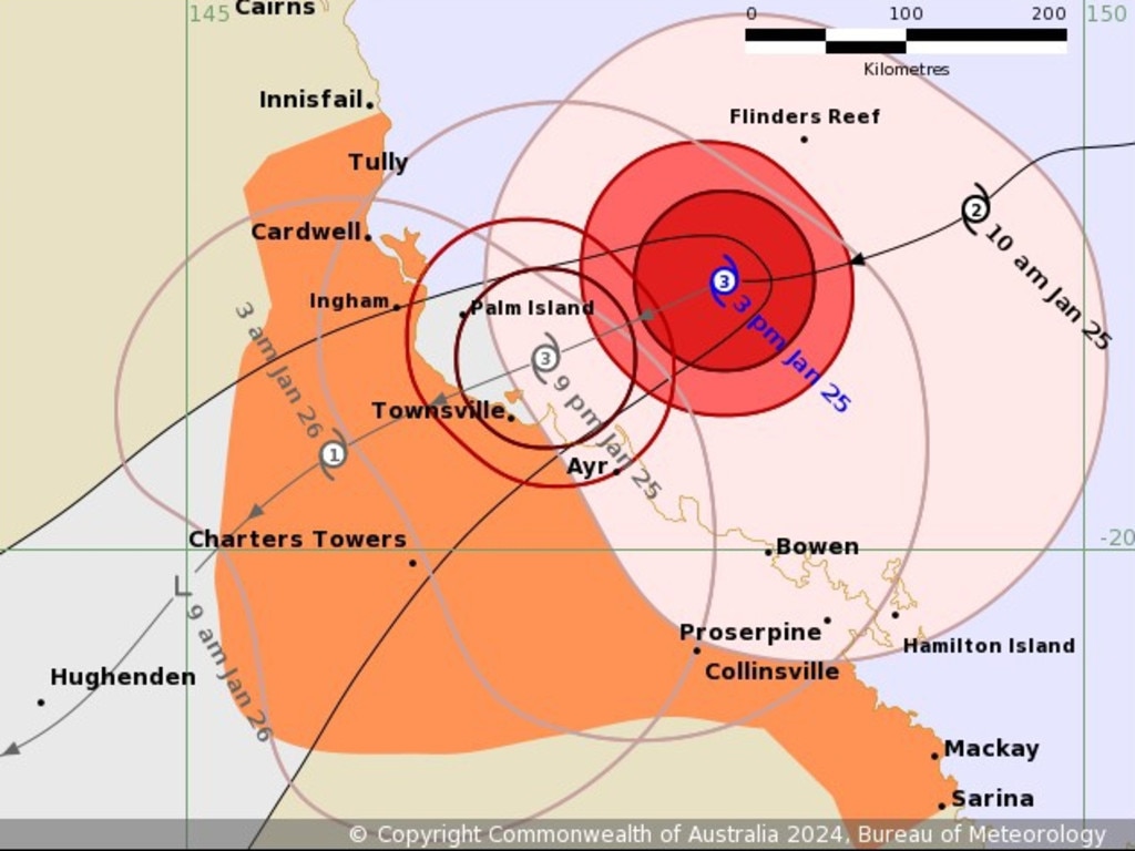 Destructive wind gusts up to 155km/h may develop about coastal communities between Bowen and Ayr Thursday evening. Picture: BOM