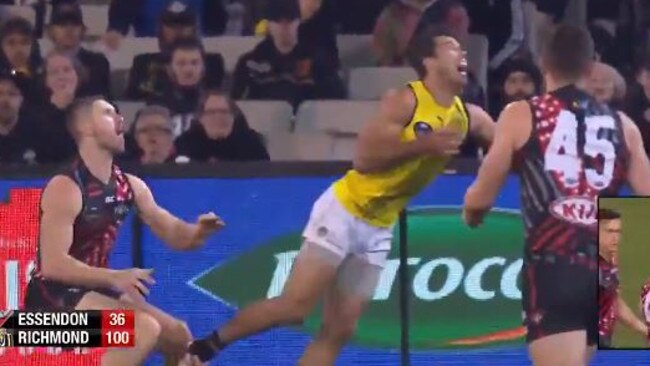 Alex Rance takes a dive against Essendon.