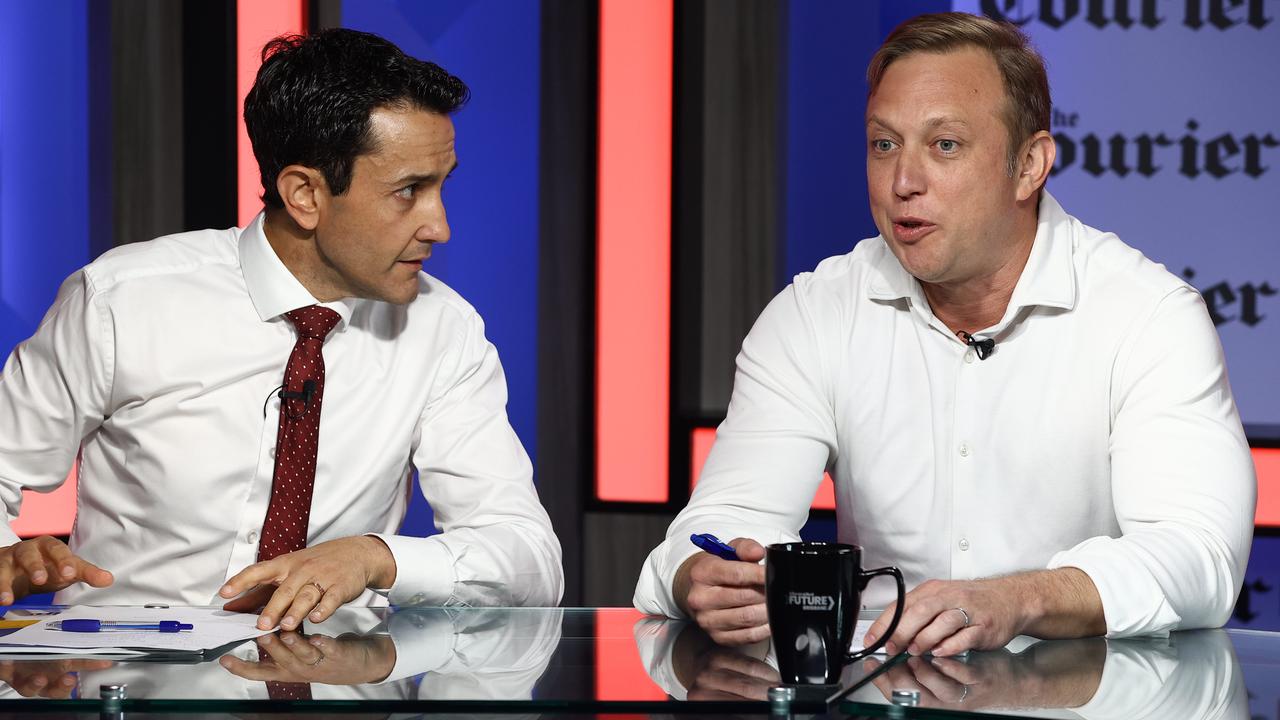 Premier Steven Miles (right) and Opposition Leader David Crisafulli at a Courier-Mail debate early this year