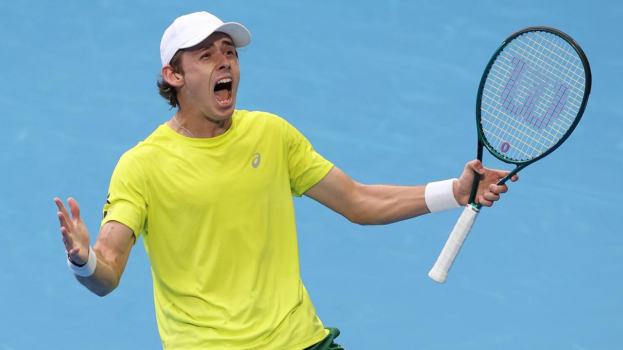 PERTH, AUSTRALIA - JANUARY 01: Alex de Minaur of Team Australia celebrates winning a game during the second set in his singles match against Taylor Fritz of Team USA during day four of the 2024 United Cup at RAC Arena on January 01, 2024 in Perth, Australia. (Photo by Paul Kane/Getty Images) *** BESTPIX ***