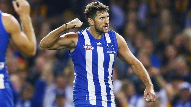 North Melbourne forward Jarrad Waite celebrates a goal.