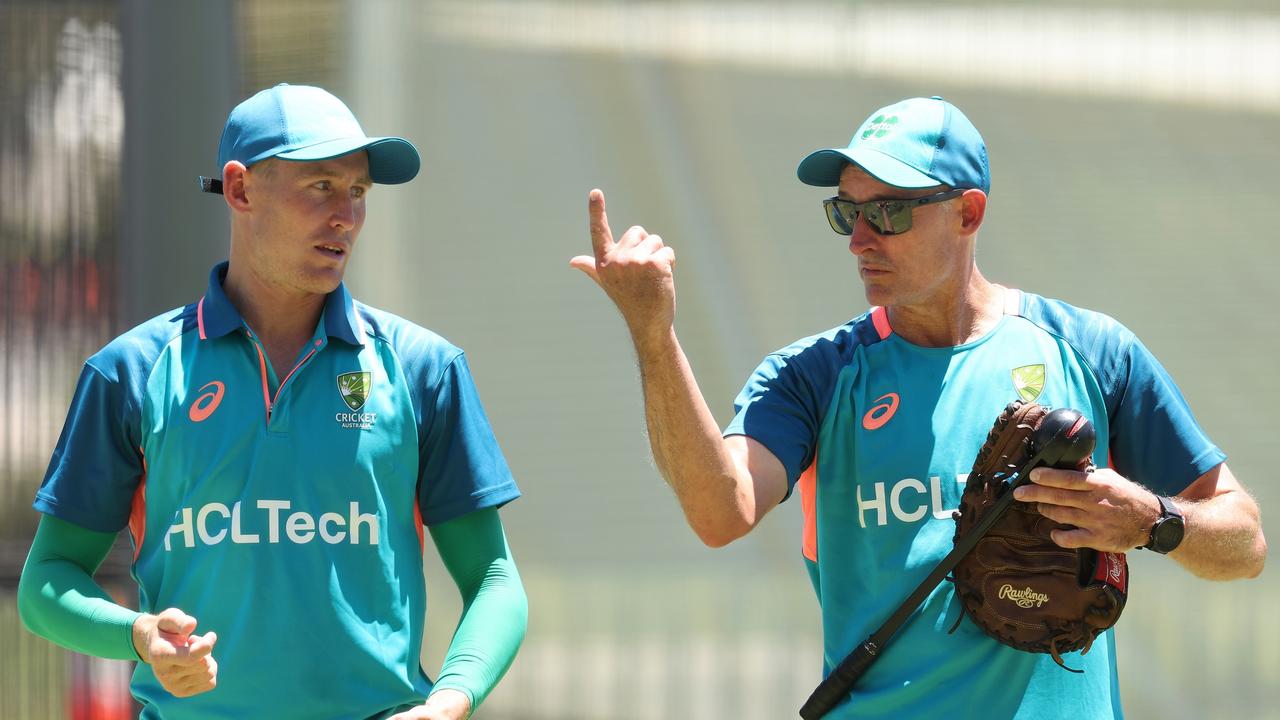 Marnus Labuschagne (left) with Mike Hussey (right) in Australia camp. Picture: Getty Images