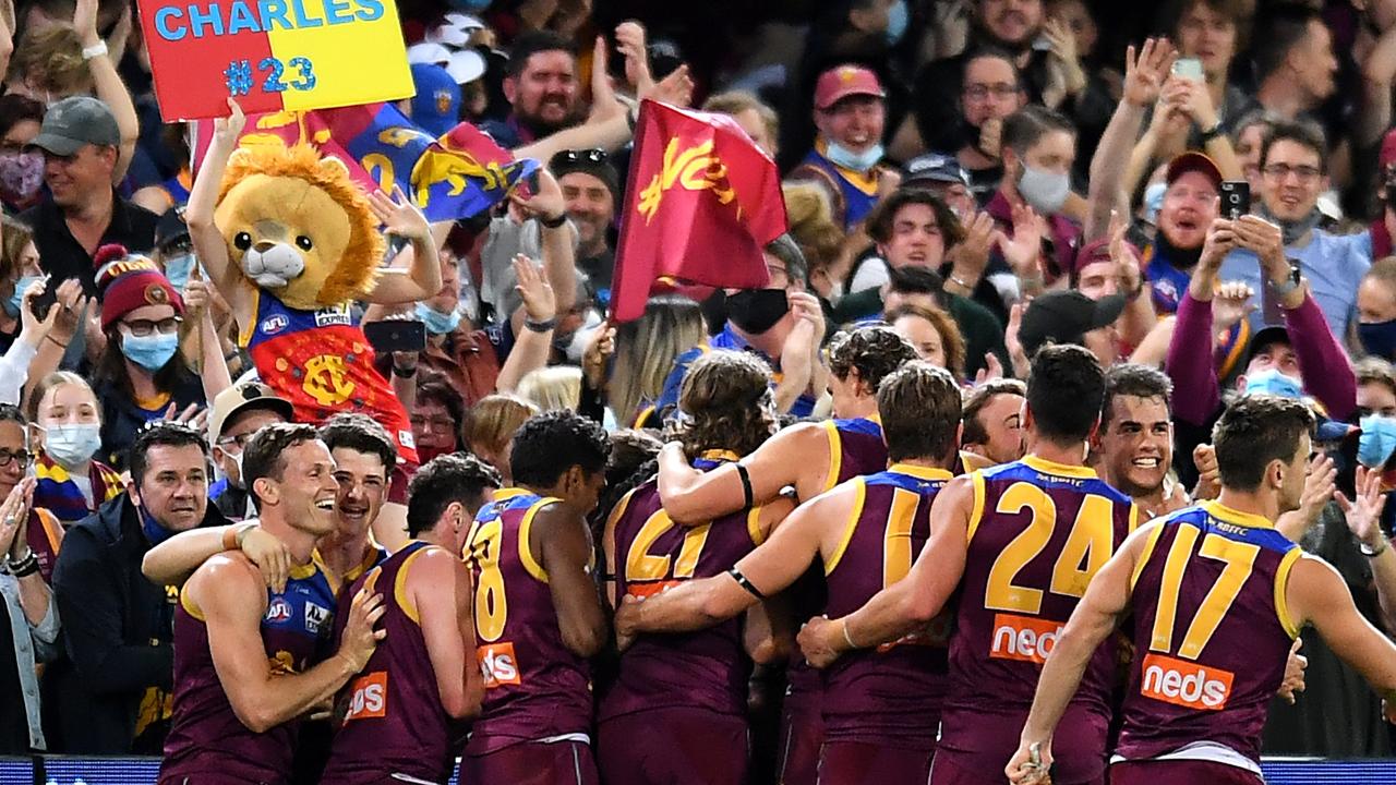 Brisbane Lions celebrate a top-four finish with victory over the West Coast Eagles. Picture: Getty Images