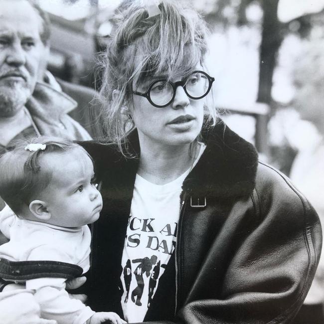 Lyndall Hobbs with daughter Lola on the set of ‘Back to the Beach’.