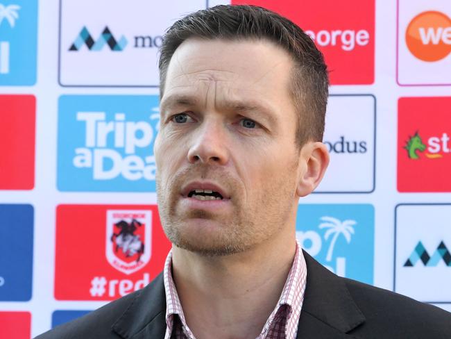 St George Illawarra CEO, Ryan Webb  announcing coach, Paul McGregorÃs departure as head coach of the club at WIN Stadium Thursday August 13, 2020.(DAILY TELEGRAPH/Simon Bullard)