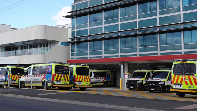 Some of the 11 ambulances ramped at Geelong hospital just before 1pm on Wednesday. Picture: Alison Wynd