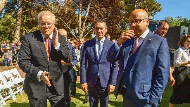 Gupta, right, with Prime Minister Scott Morrison and SA Premier Steven Marshall. Picture: Tom Huntley