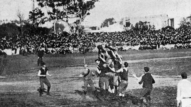 1898: An image from the first VFL grand final in 1898, in which Fitzroy defeated Essendon. Picture: HWT