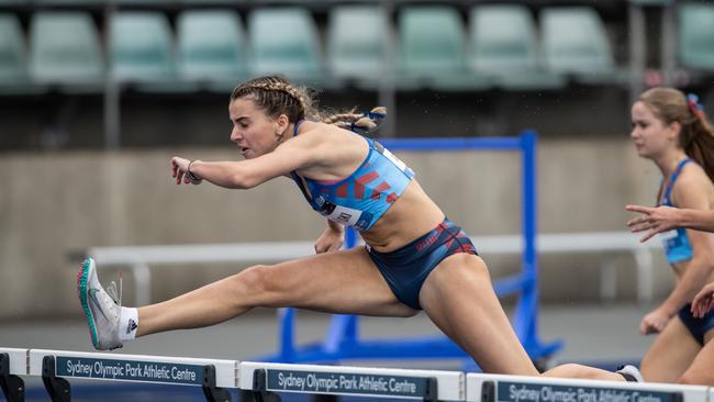 Women's U20 100m hurdles Final NSW athlete Delta Amidzovski from Albion Park wins gold. Picture: Juian Andrews