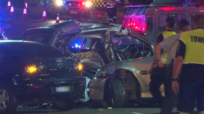 The silver Holden Commodore that hit multiple vehicles before the driver fled the scene. Picture: TNV/Jason Webster