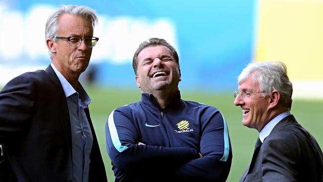 Socceroos training: Ange Postecoglou with David Gallop and Steven Lowy.