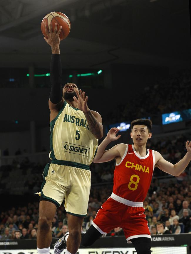 Patty Mills of the Australian Boomers during the game between the Australia Boomers and China at John Cain Arena on Thursday, July 4, 2024. Picture: Michael Klein