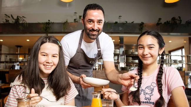 Andy Allen’s Three Blue Ducks is among Victoria’s most family friendly restaurants. Pictured with Hannah, 11, and Lucy, 12. Picture: Mark Stewart