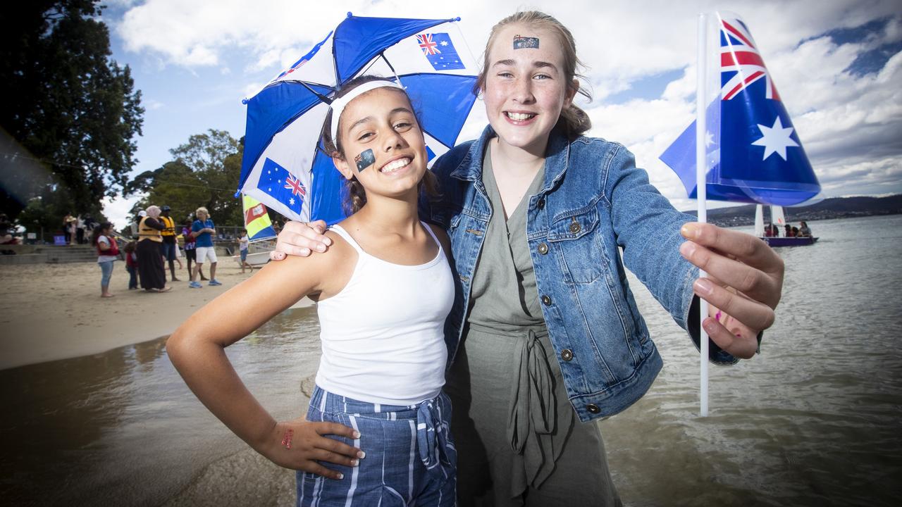 Anthea Kantar, 11 and Chloe Pringle-Jones, 12 at the Sandy Bay Regatta on Australia Day. Picture: LUKE BOWDEN