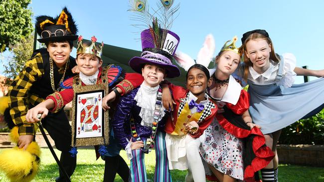 Townsville Grammar School Junior Students, Rory Glen, 12, (Cheshire Cat), Dieter Botes, 11, (The King), Zara Boldery, 9, (Mad Hatter), Nadana Raguharan, 10, (White Rabbit), Alexandria Payne, 10, (The Queen) and Gemma Enfantie, 11, (Alice), will perform Alice’s Magical Adventure. Picture: Shae Beplate.