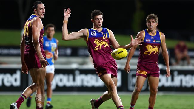 BRISBANE, AUSTRALIA - FEBRUARY 22: Brandon Ryan of the Lions kicks during an AFL practice match between Brisbane Lions and Gold Coast Suns at Brighton Homes Arena on February 22, 2024 in Brisbane, Australia. (Photo by Chris Hyde/Getty Images)