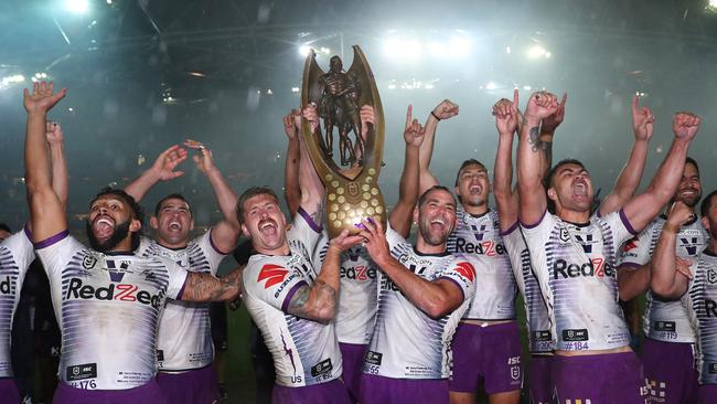 Melbourne celebrate following last year’s grand final win over Penrith. Picture: Brett Costello