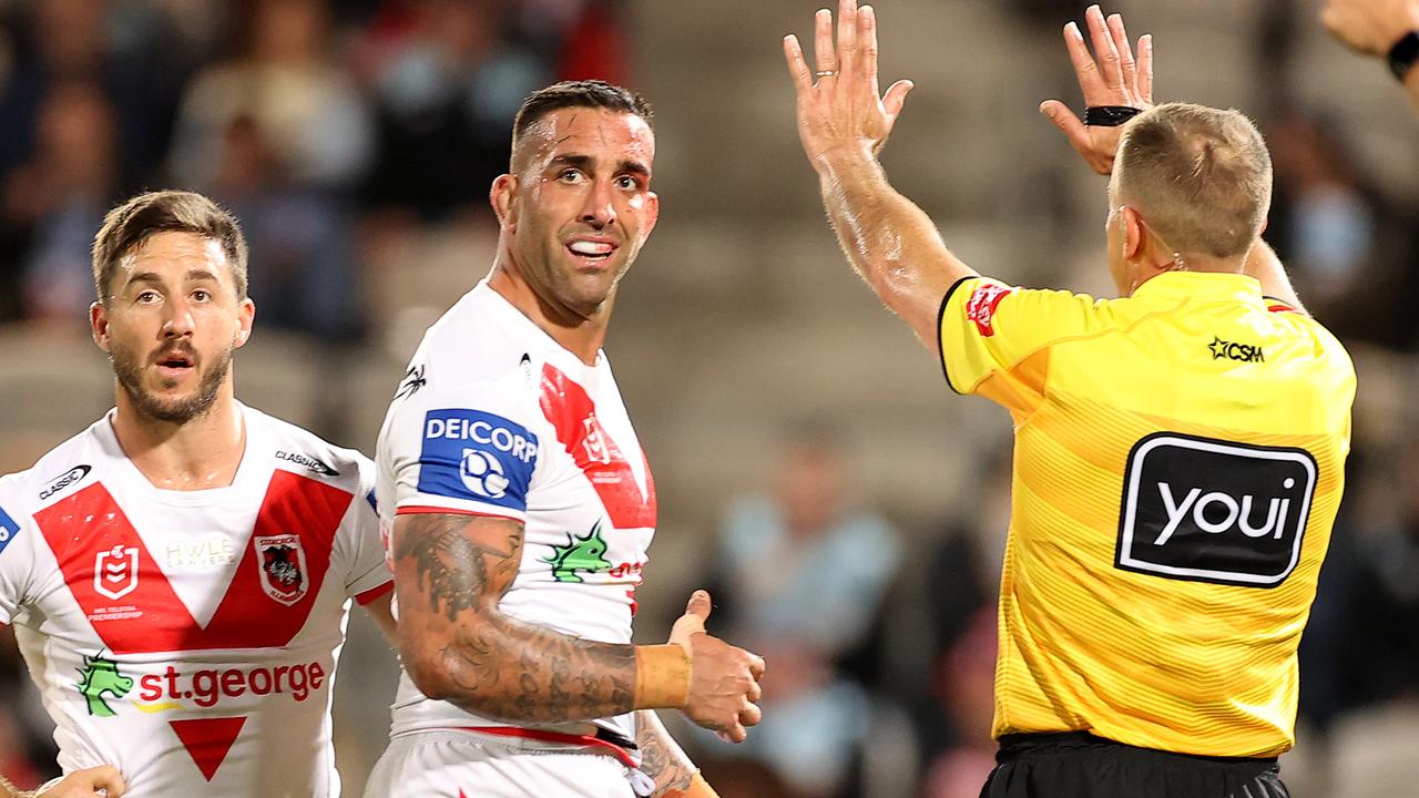 Paul Vaughan of the Dragons is sent to the sin-bin by referee Ben Cummins.