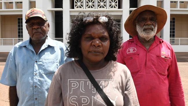 Borroloola residents Casey Davey, left, Josie Davey and Jack Green outside parliament after the land mark decision to block McArthur River Mine expansions. Picture:(A)manda Parkinson