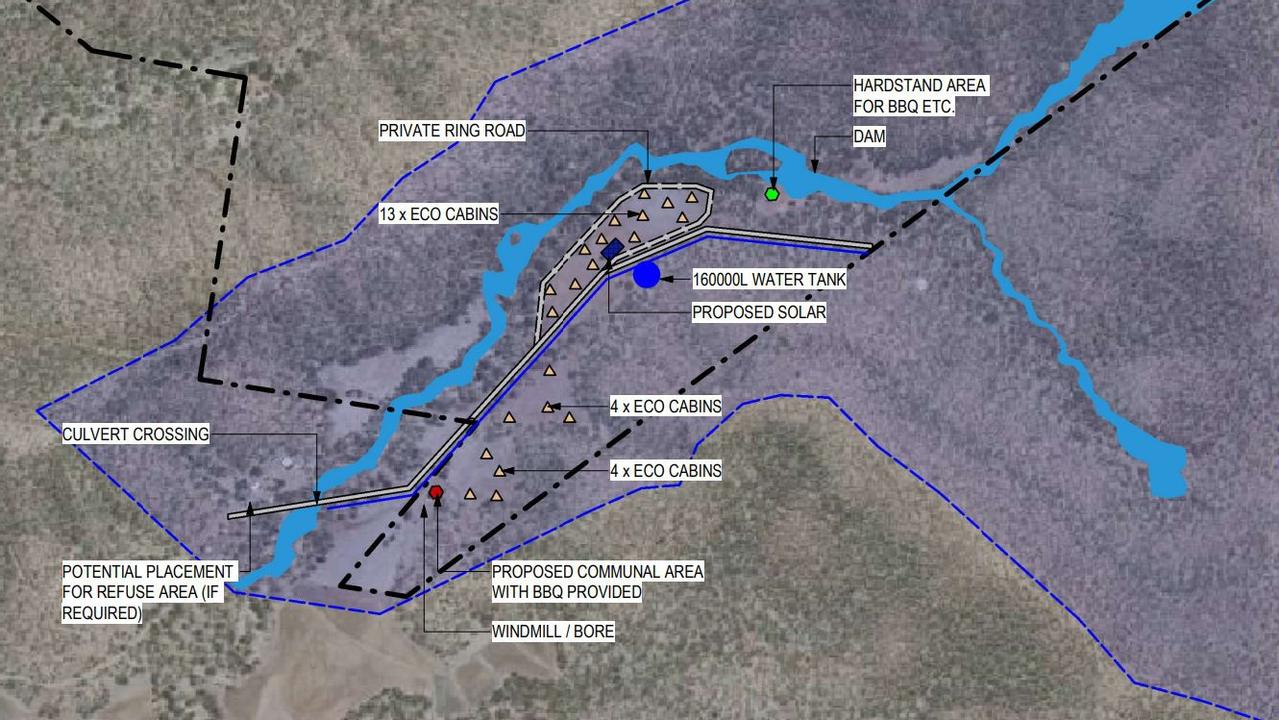 Concept plans for a new eco-tourism site with 21 cabins at the end of Hendrie Road in Upper Pilton, halfway between Toowoomba and Warwick.