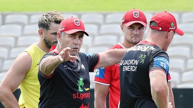 Shane Flanagan with players Jack Bird and Kyle Flanagan at a training session ahead of the 2024 NRL season. Picture: Richard Dobson