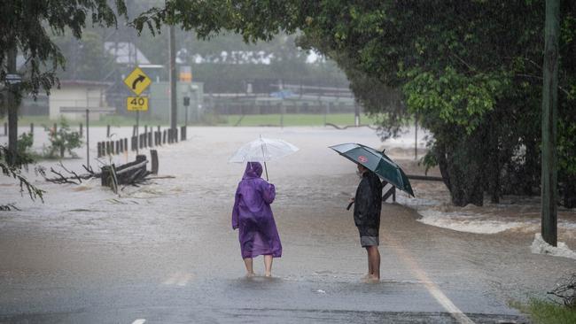 Floodwaters at Hill St in Pomona which has blocked access to the town. Picture: Brad Fleet