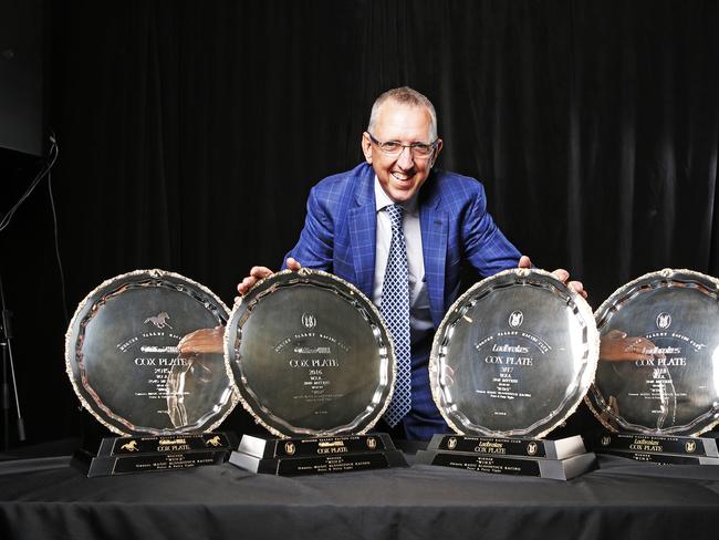 Winx co-owner Peter Tighe with Winx's four Cox Plates as he was the guest speaker at the  Carbine Club lunch at Elwick racecourse. Picture: Zak Simmonds