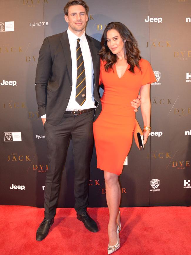 Shaun Hampson and Megan Gale at the Richmond Best and Fairest dinner. Picture: Fiona Hamilton