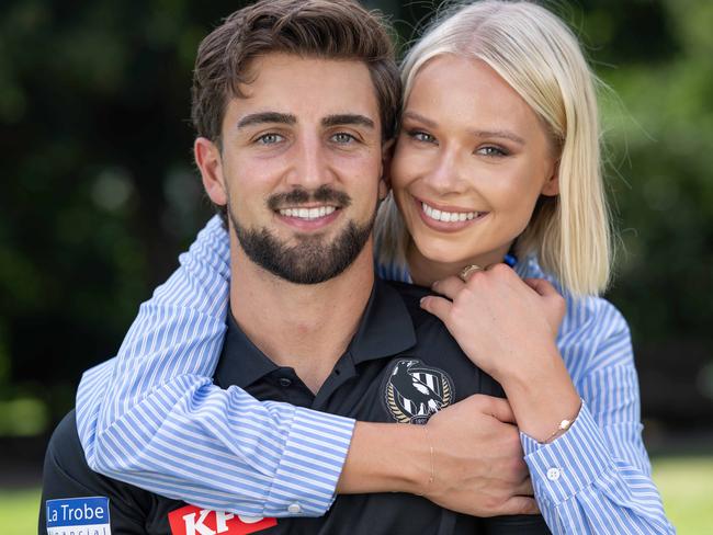 SPEAK TO PIC DESK - FOR VWEEKEND COVER MARCH 9 Collingwood star Josh Daicos and partner Annalise Dalins are the ambassadors for Glamour on the Grid Grand Prix party. Pic for VWeekend cover March 9. Picture: Tony Gough