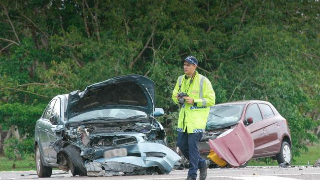 The scene of a fatal two-vehicle collision on McMillans Road in Knuckey Lagoon on Saturday. Picture: Glenn Campbell