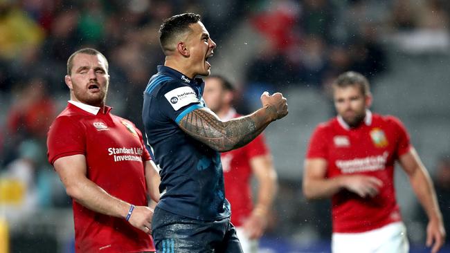 Sonny Bill Williams of the Blues celebrates his try.