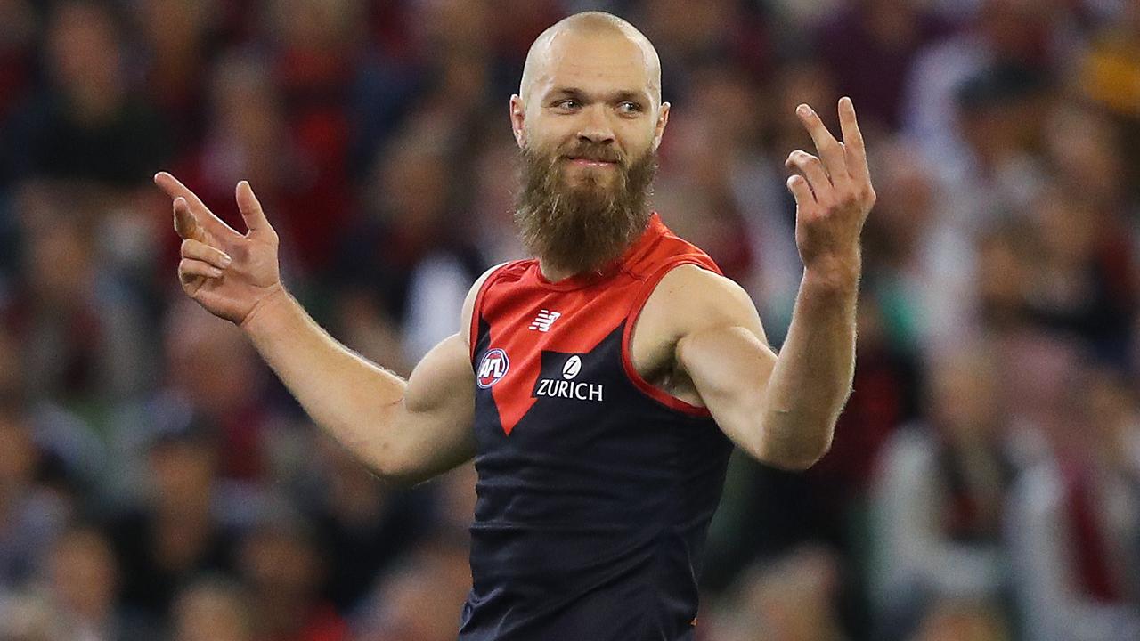 Melbourne's Max Gawn celebrates kicking a goal. Picture: Phil Hillyard