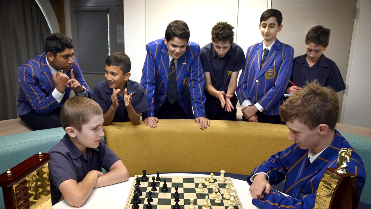 Toowoomba Grammar School chess teams win in both the junior and senior teams events. Brushing up on their chess skills are (from back left) Shatiuddin Aanan, Iskcon Gywali, Hugh Wilson, George Clifford, Allan Hamawand, Julian Magree and (front) Theo Yevdokimov, Flynn Taylor.