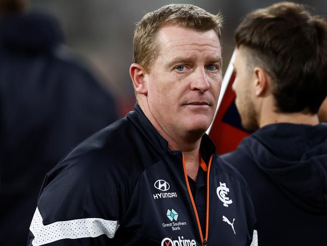 MELBOURNE, AUSTRALIA - JUNE 02: Michael Voss, Senior Coach of the Blues looks on during the 2023 AFL Round 12 match between the Melbourne Demons and the Carlton Blues at the Melbourne Cricket Ground on June 2, 2023 in Melbourne, Australia. (Photo by Michael Willson/AFL Photos via Getty Images)