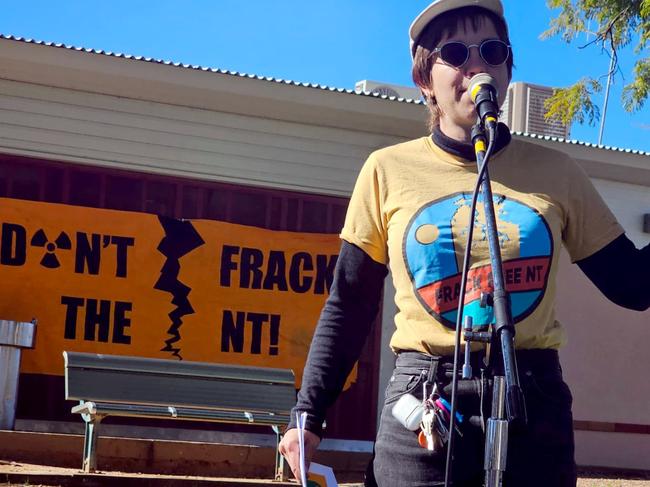 Arid Lands Environment Centre fracking campaigner Hannah Ekin at the Central Australian Frack Free Alliance anti-fracking gathering in Alice Springs Sunday, July 21, 2024.