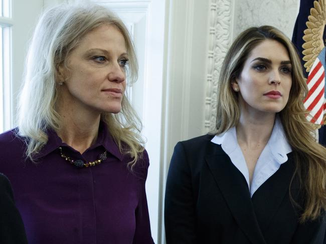 White House Communications Director Hope Hicks, right, stands with White House senior adviser Kellyanne Conway. Picture: AP