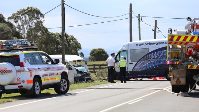 Emergency services at the crash scene yesterday. Picture: TVN