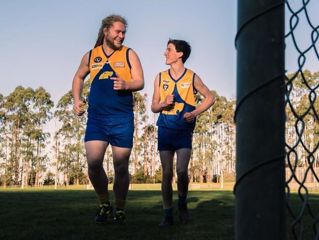 Chris Gardiner, 27, and Cal, 16, at Ellinbank Recreation Reserve. Picture: Jason Edwards