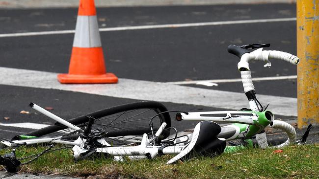 Ms Kamada’s damaged bike likes on St Kilda Street near North Road. Picture: Nicole Garmston