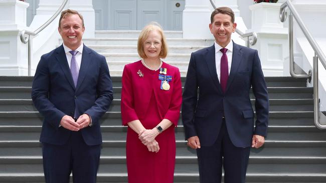 Newly elected Premier Steven Miles and Deputy Premier Cameron Dick with Governor Jeannette Young at Government House in Brisbane. Picture: NCA NewsWire/Tertius Pickard