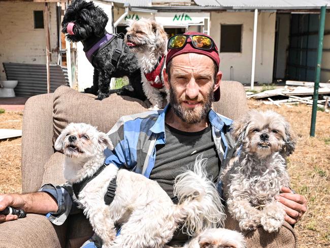 DECEMBER 27, 2024: Homeless man Hayden Patterson at a house he is helping demolish. He has finally found a place in Murray Bridge, with his five dogs. HeÃll move on December 30.Picture: Brenton Edwards