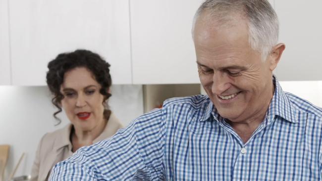 Malcolm Turnbull whips up a treat with Annabel Crabb on ABC's Kitchen Cabinet. (Pic: ABC)