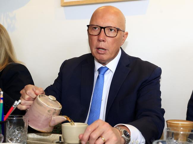 MARKS POINT HUNTER REGION NSW, APRIL 28, NCA 2025 FEDERAL ELECTION BUSÃ. 28/04/2025 Australian Opposition Leader Peter Dutton meets Shortland electorate candidate Emma King and her baby boy on the Campaign trail at Papatya Cafe. Pictures Adam Head / NewsWire