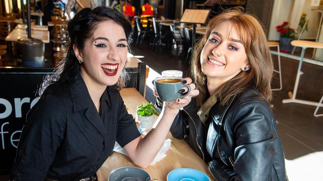 Sabrina Di Girolamo, from Hawthorn, and Sanchia Palmer, from Southbank, enjoy a coffee at the Union Kiosk in The Causeway, City. Picture: Jay Town