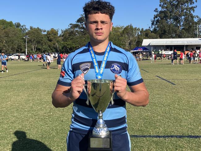 Under-16 Helensvale Hogs Blue player Tane Leef after his side's under-16 GCDRU grand final win. Picture: Mitch Bourke.