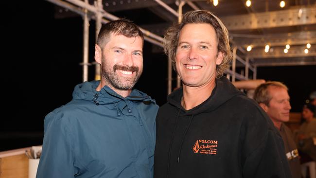 Sam Foster and Sam Smith at the WSL Gold Coast Pro 2025 after party at Burleigh Pavilion for Gold Coast at Large. Picture, Portia Large.