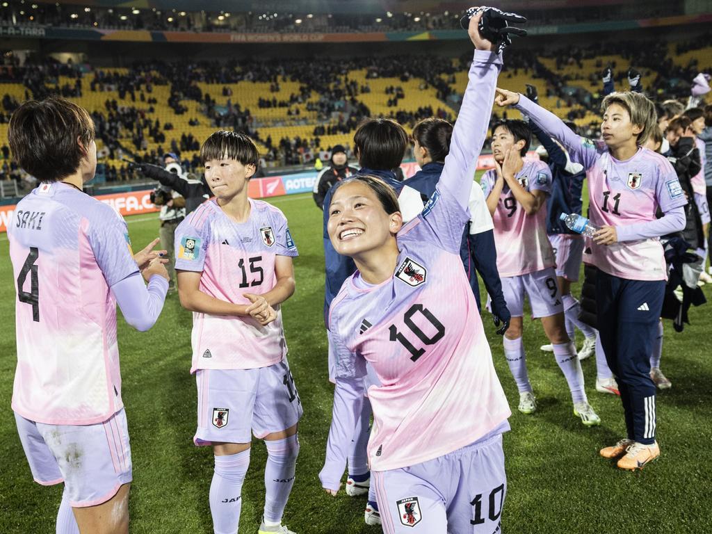 Fuka Nagano leads the celebrations as Japan beat Norway 3-1. Picture: Maja Hitij/Getty Images